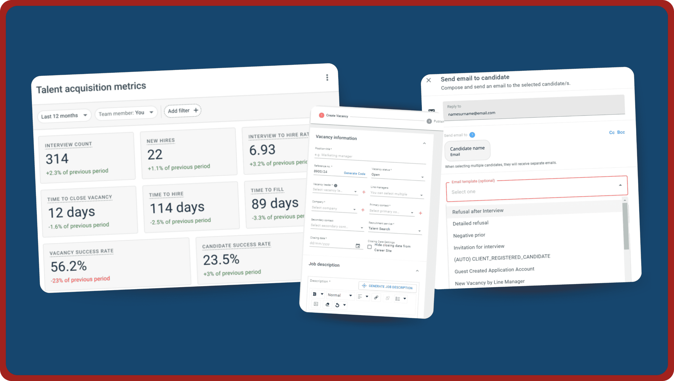 Mockup of a digital talent acquisition dashboard displaying recruitment tracking metrics like interview count, time to hire, vacancy success rate, and candidate communication templates.