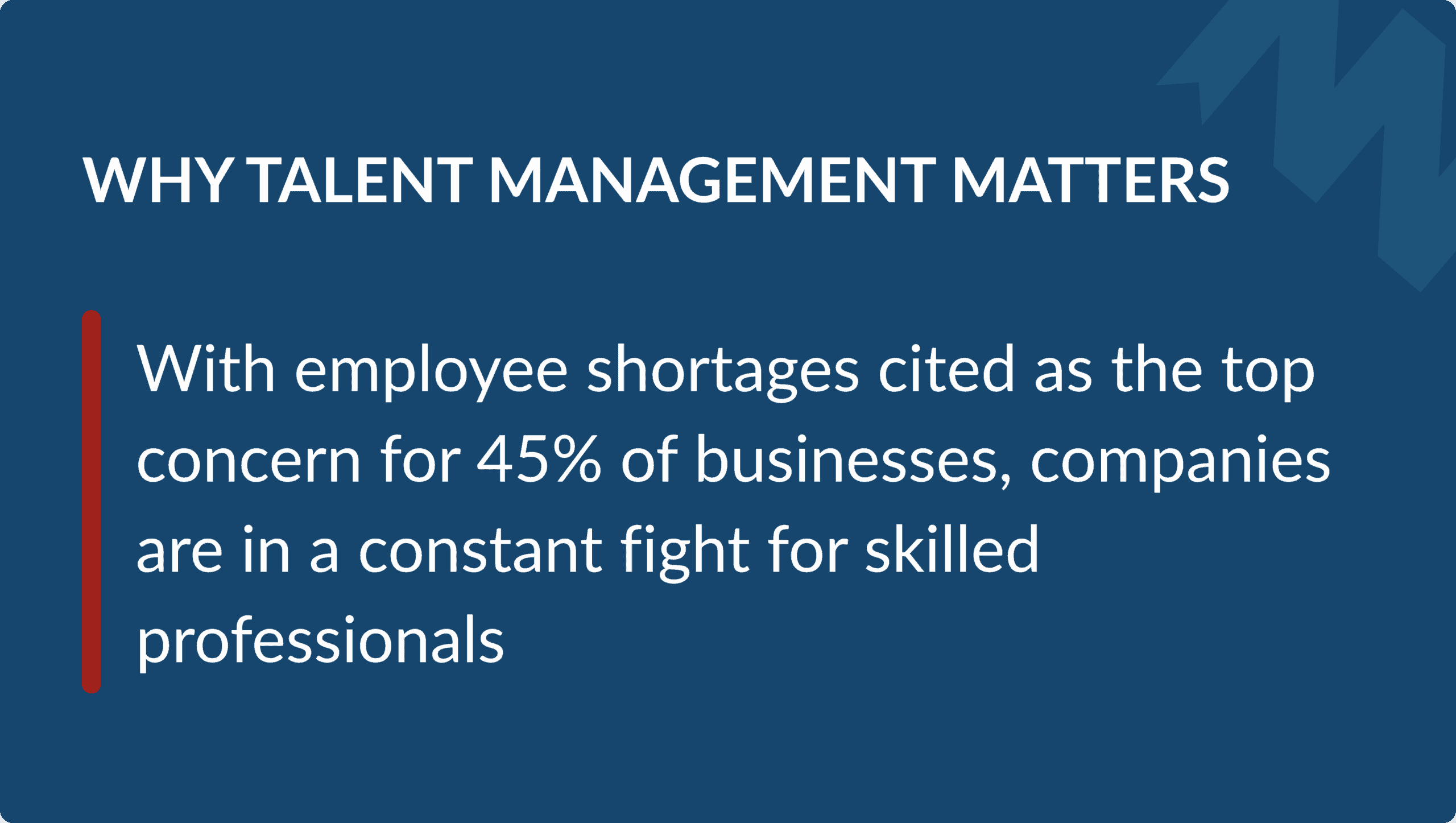 Graphic displaying talent management stats on a blue background, noting that with employee shortages cited as the top concern for 45% of businesses, companies are in a constant fight for skilled professionals.
